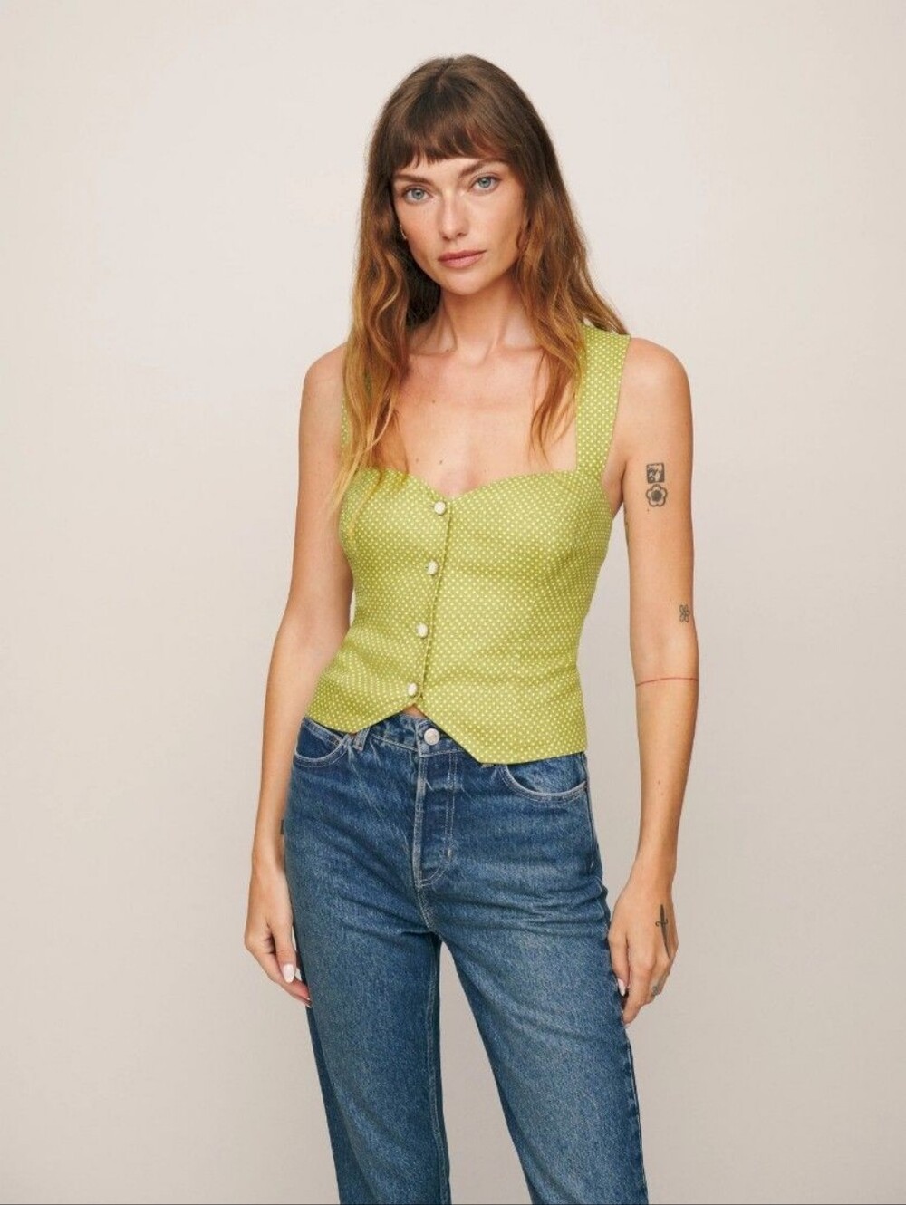 NWOT Reformation Kimberly Linen Button Top in Chartreuse Green Polka Dot Size 4